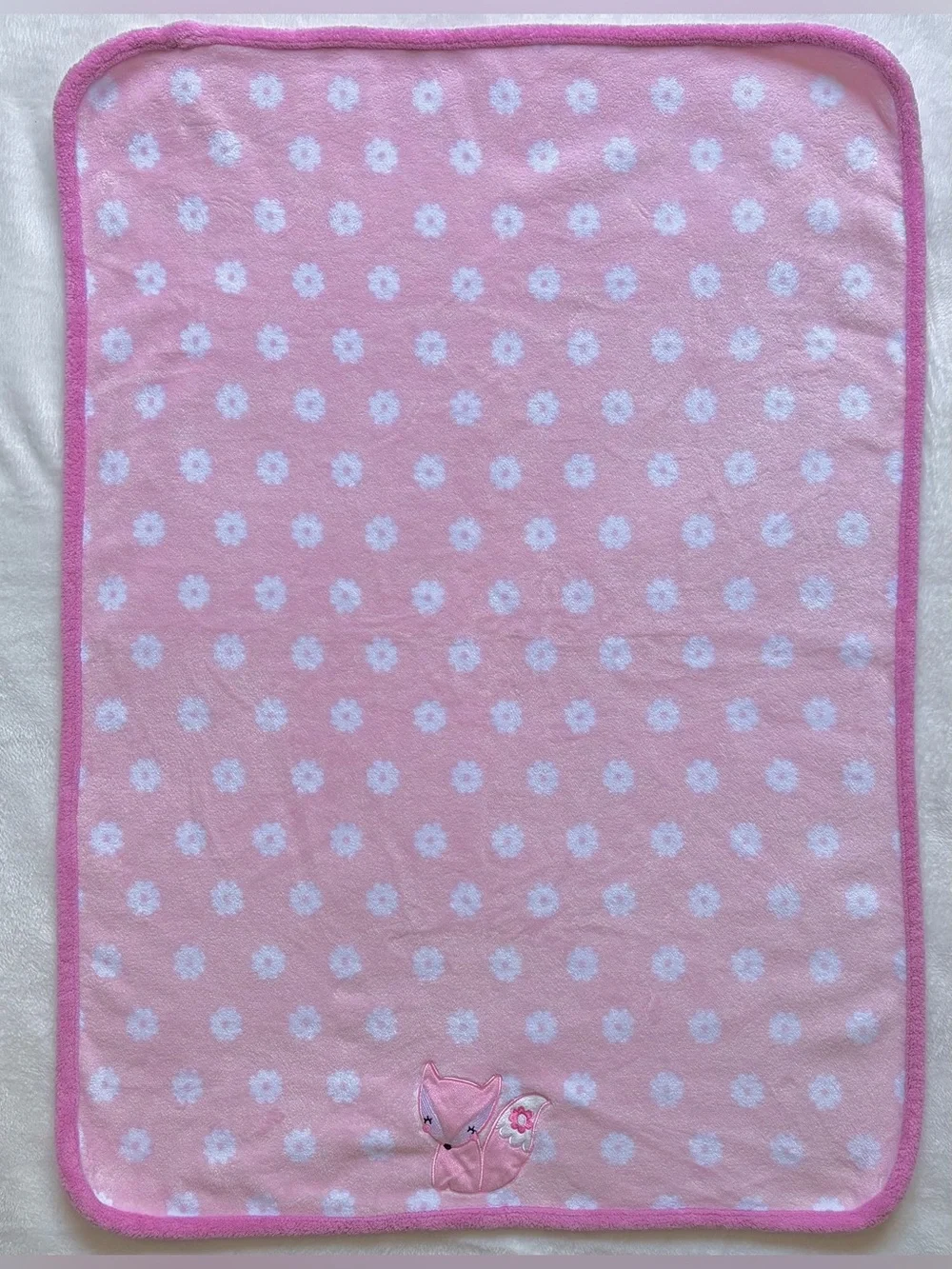 Girls Pink & White Plush Baby Blanket - Floral Print Fox Infant Blanket 30”x40”